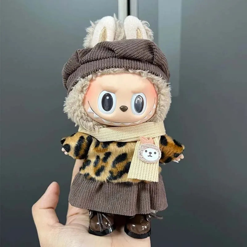 Labubu Clothes for 15/17cm Labubu Dress Skirt Retro Leopard Print Clothes Cute Doll Accessories Dress Up DIY Toys