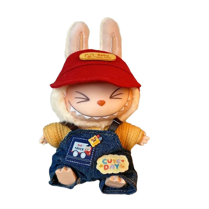 Labubu Clothes for Dolls Denim Overalls Set with Hat Labubu Outfit for 15-17cm Dolls Collector Labubu Doll Accessories Clothing