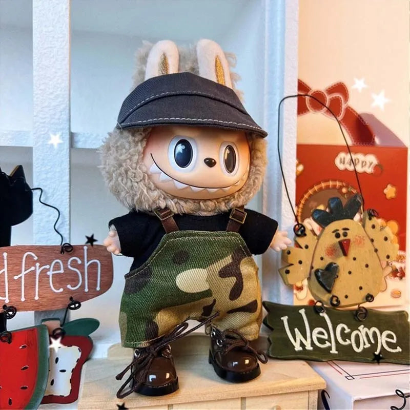 Labubu Clothes for Dolls Denim Overalls Set with Hat Labubu Outfit for 15-17cm Dolls Collector Labubu Doll Accessories Clothing