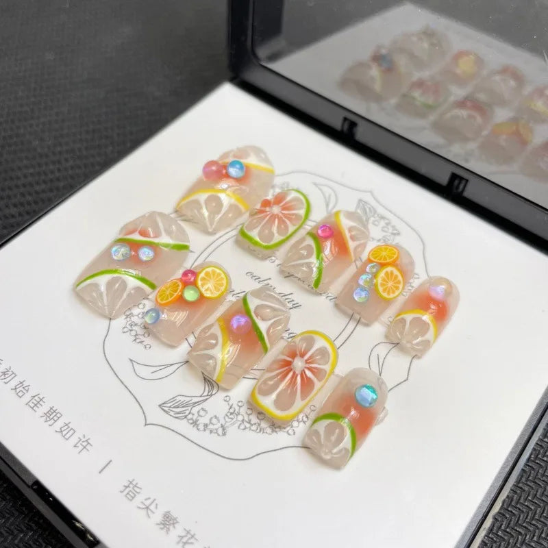 10 Pcs Luxury Handmade Press on Nails Middle Ballet Lemon Blush Design False Nails with 4-Piece Tool Adhesive Nail Glue Tabs
