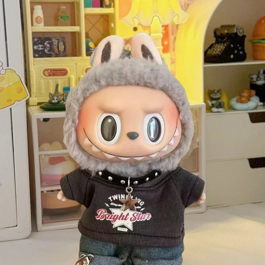 Labubu Clothes For 15/17cm V1 V2 V3 Plush Idol Doll Hip Hop T-Shirt Pants Necklace 3PCS/Pack Decoration Accessories Fans Gift