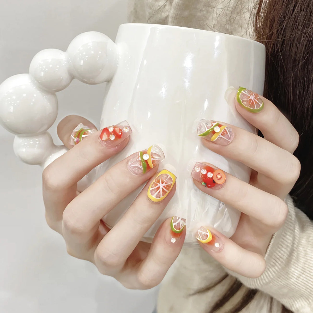 10 Pcs Luxury Handmade Press on Nails Middle Ballet Lemon Blush Design False Nails with 4-Piece Tool Adhesive Nail Glue Tabs