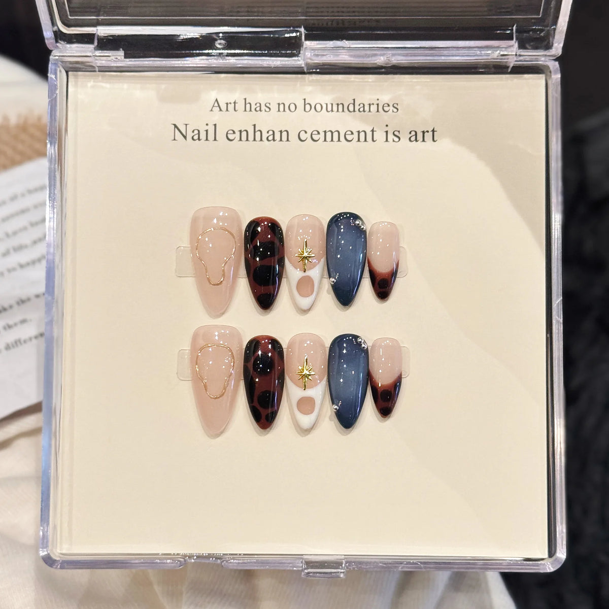10 PCS Luxury Handmade Press on Nails Middle Almond French leopard print Design with 3-PIECE Tool Adhesive Nail Glue Tabs