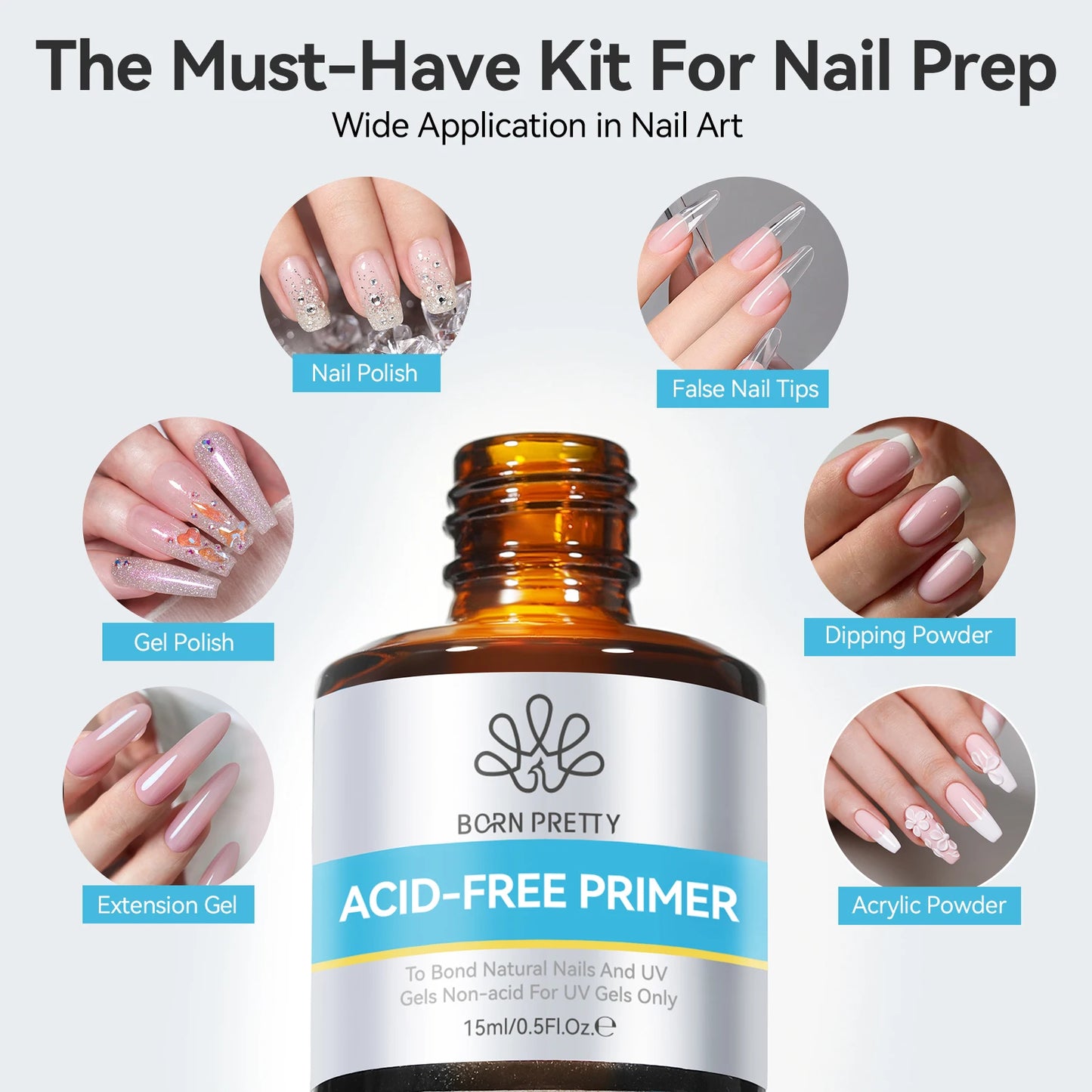 BORN PRETTY 15ml Nail Prep Dehydrator Acid Free Bond Primer Kit Natural Base Coat For Acrylic UV Gel Nails Professional Manicure