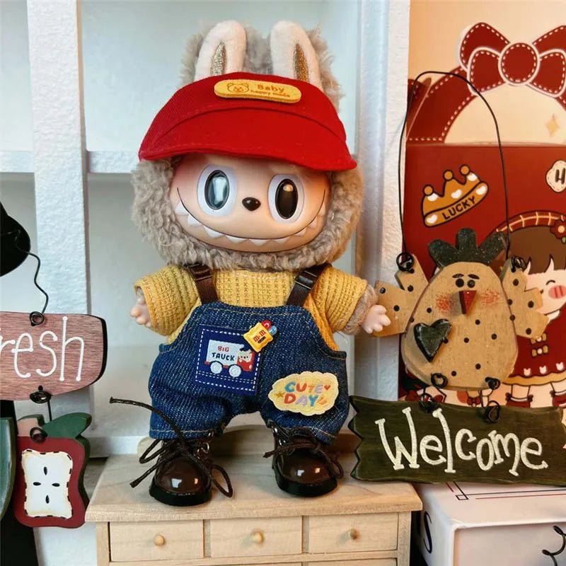 Labubu Clothes for Dolls Denim Overalls Set with Hat Labubu Outfit for 15-17cm Dolls Collector Labubu Doll Accessories Clothing